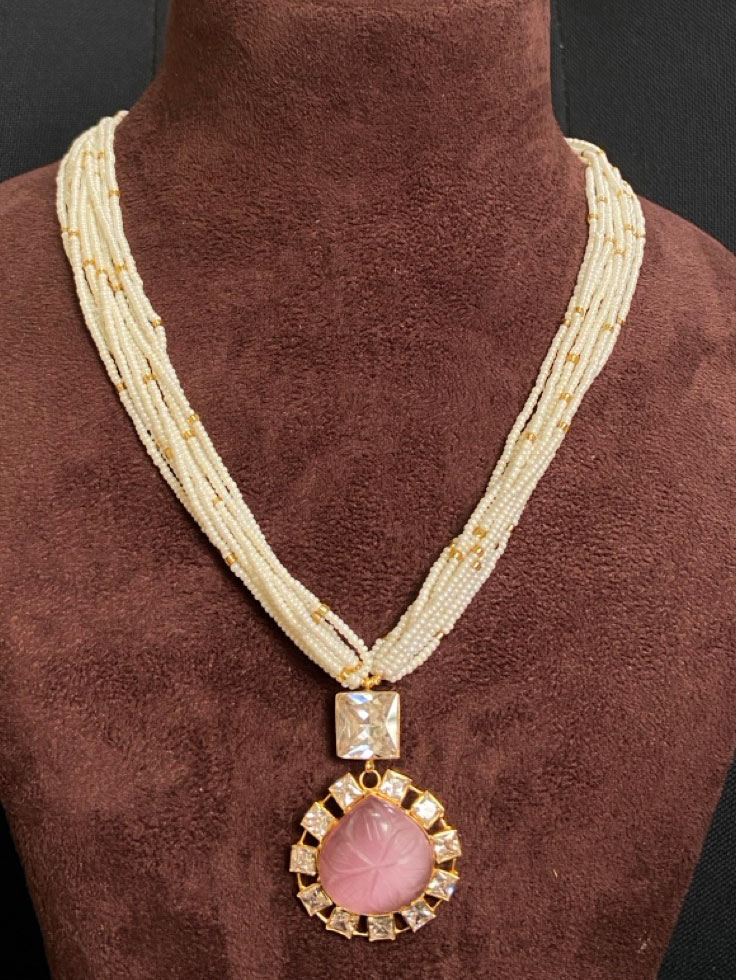 14Kt Light Pink Stone Necklace with White Beads and Polki