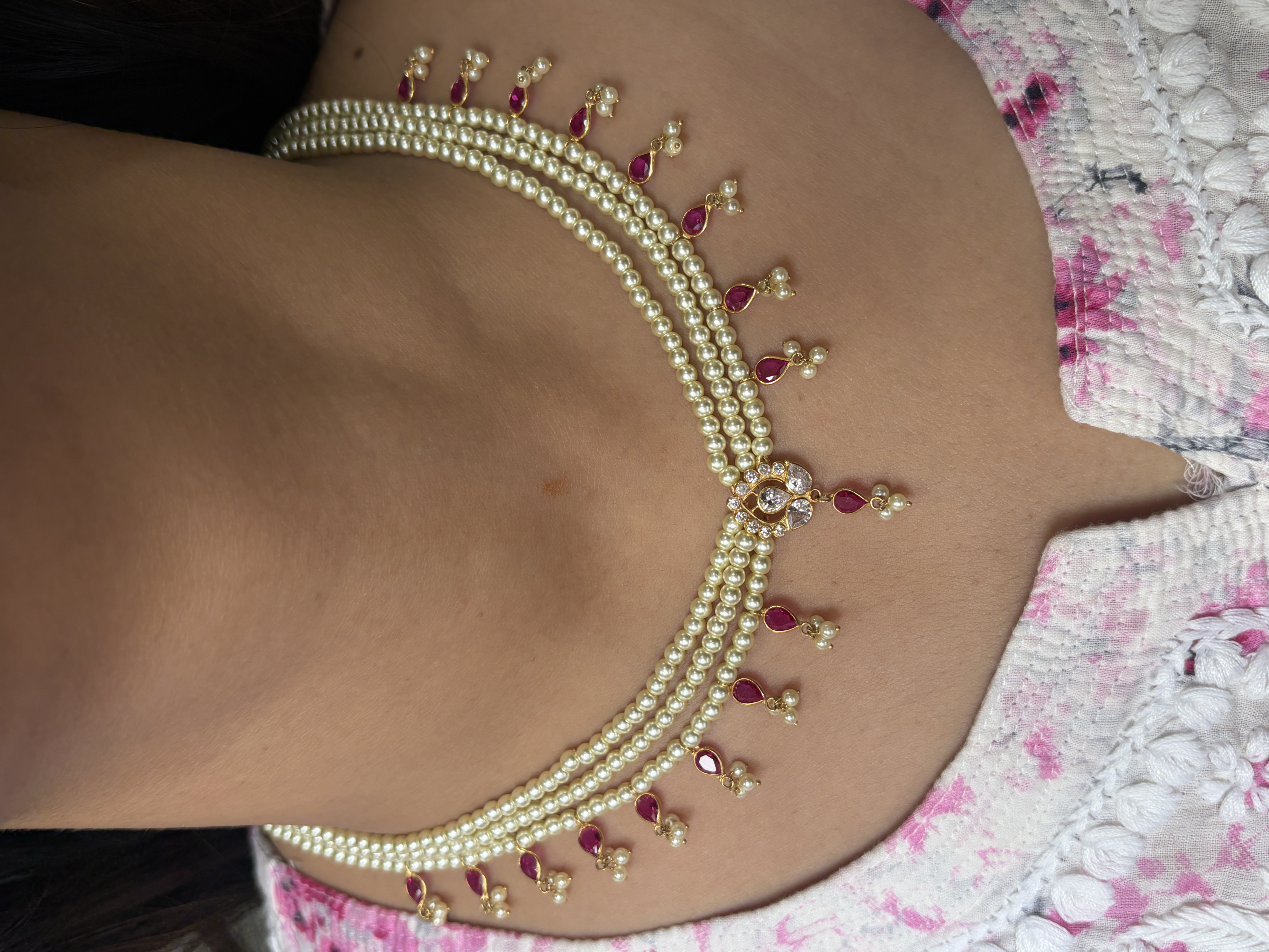 Three line pearl polki necklace cum choker