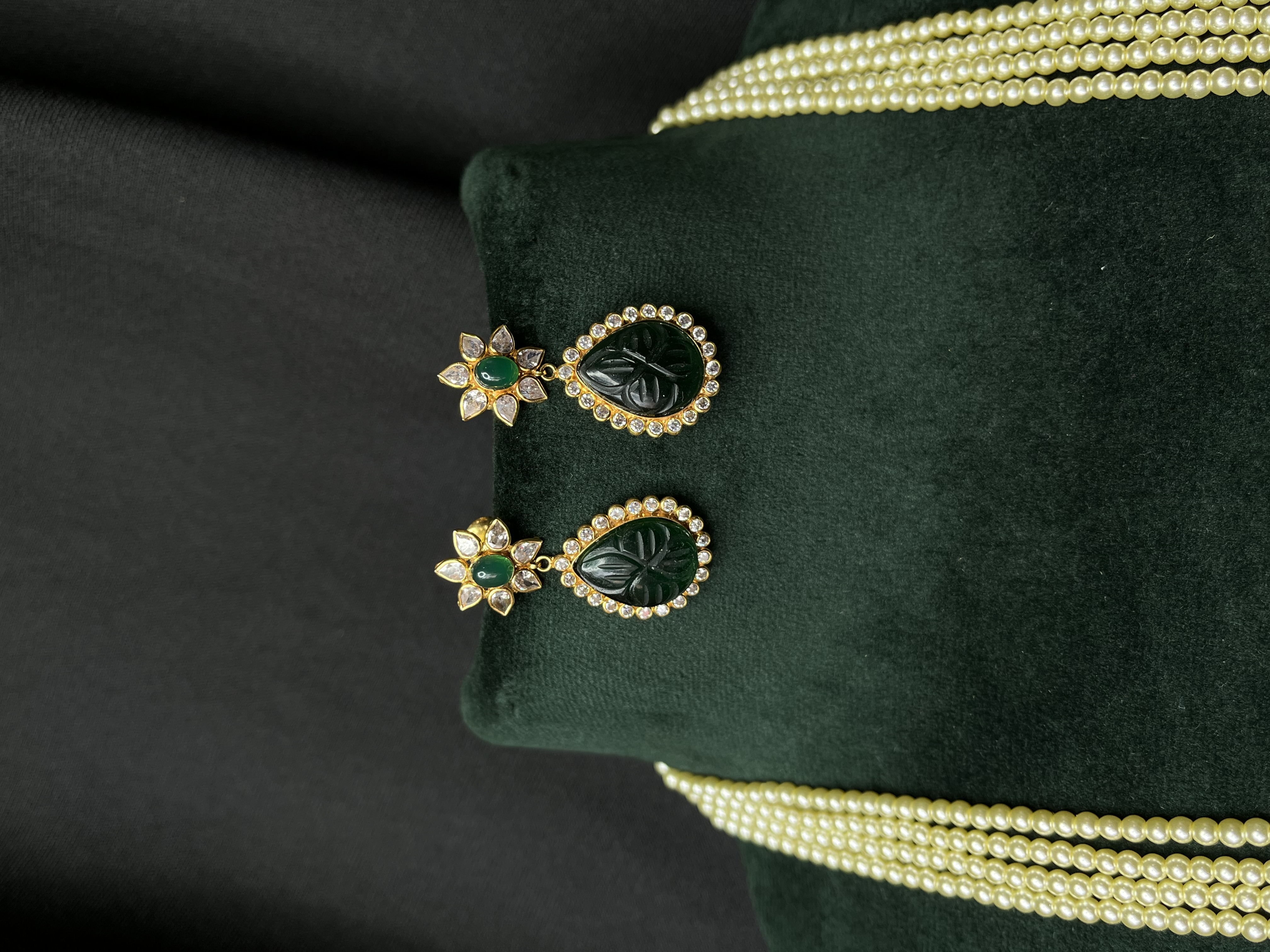 Green & white pearl long mala earrings set
