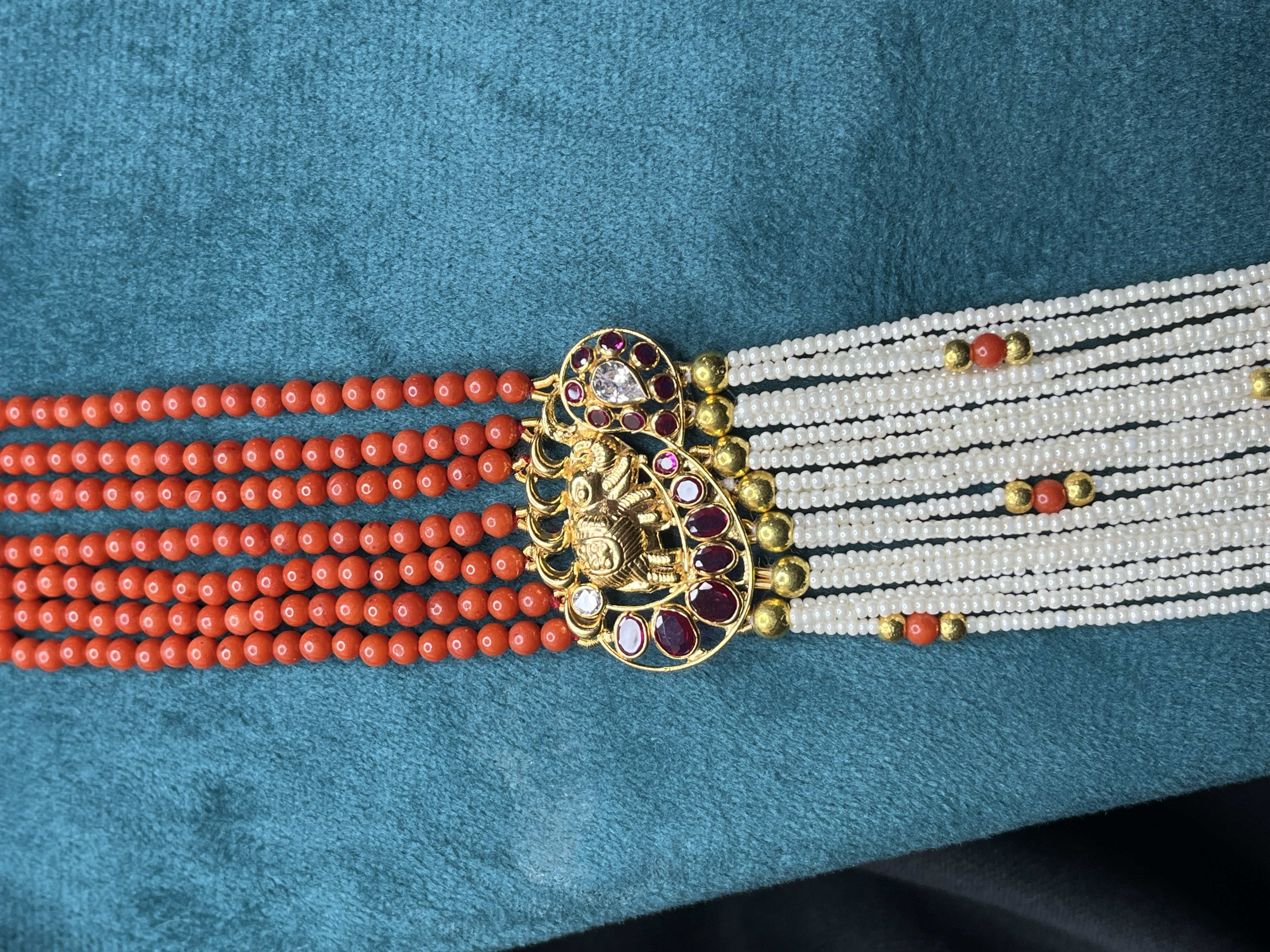 Coral & White beads elephant engraved side pendants long mala