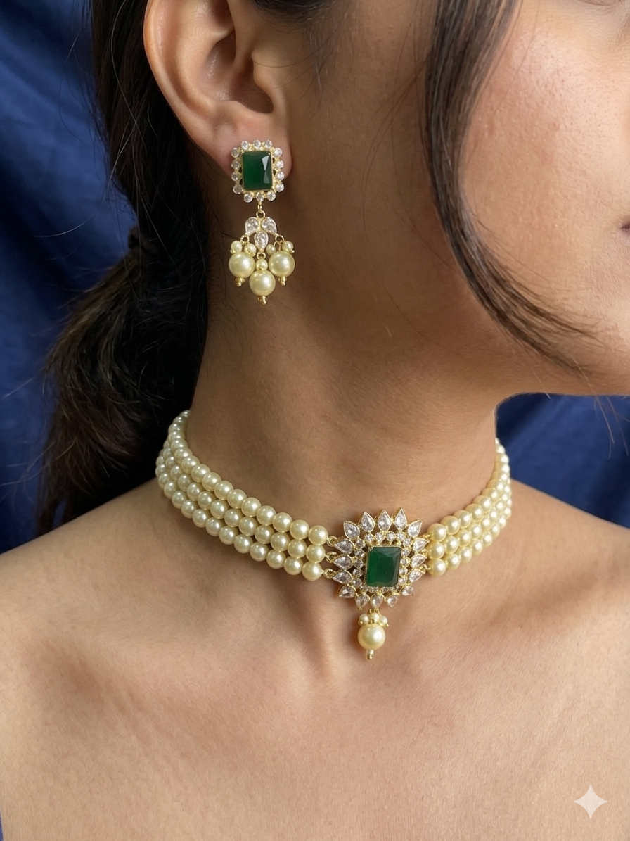 Pearl & Emerald Choker Earrings set