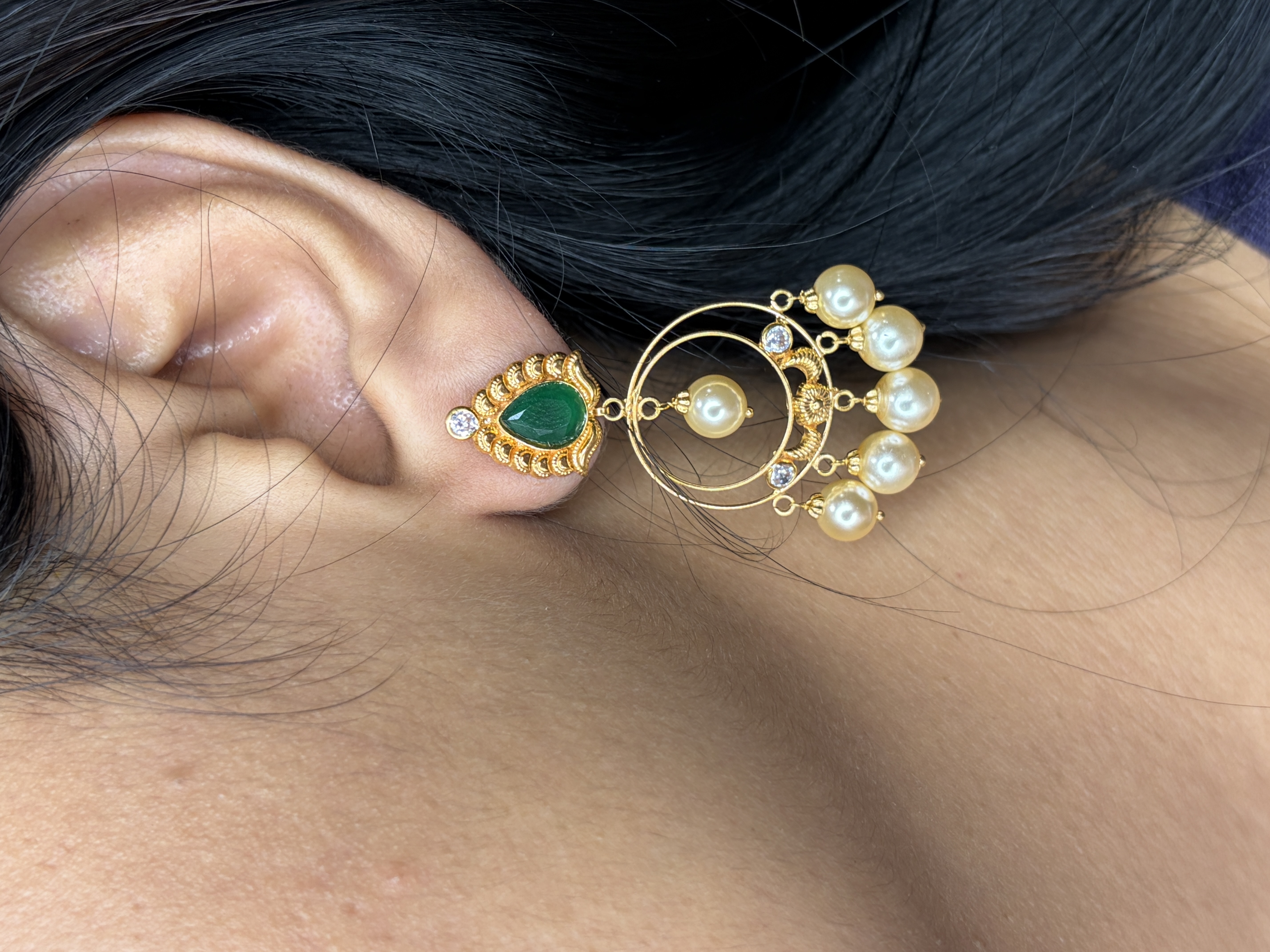 Pearl & Emerald Chandbali big Earrings
