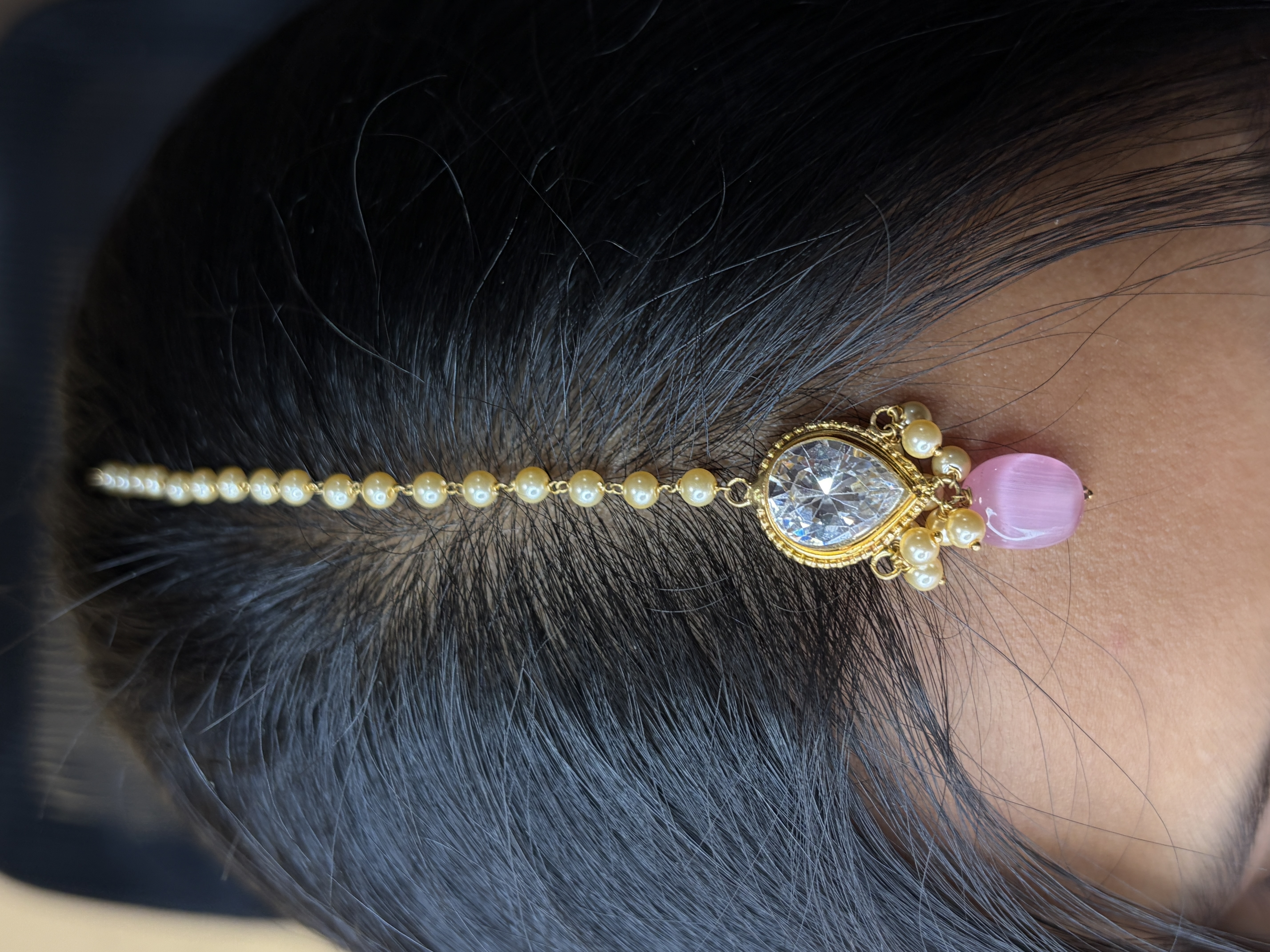 Pink stone pearl maangtikka
