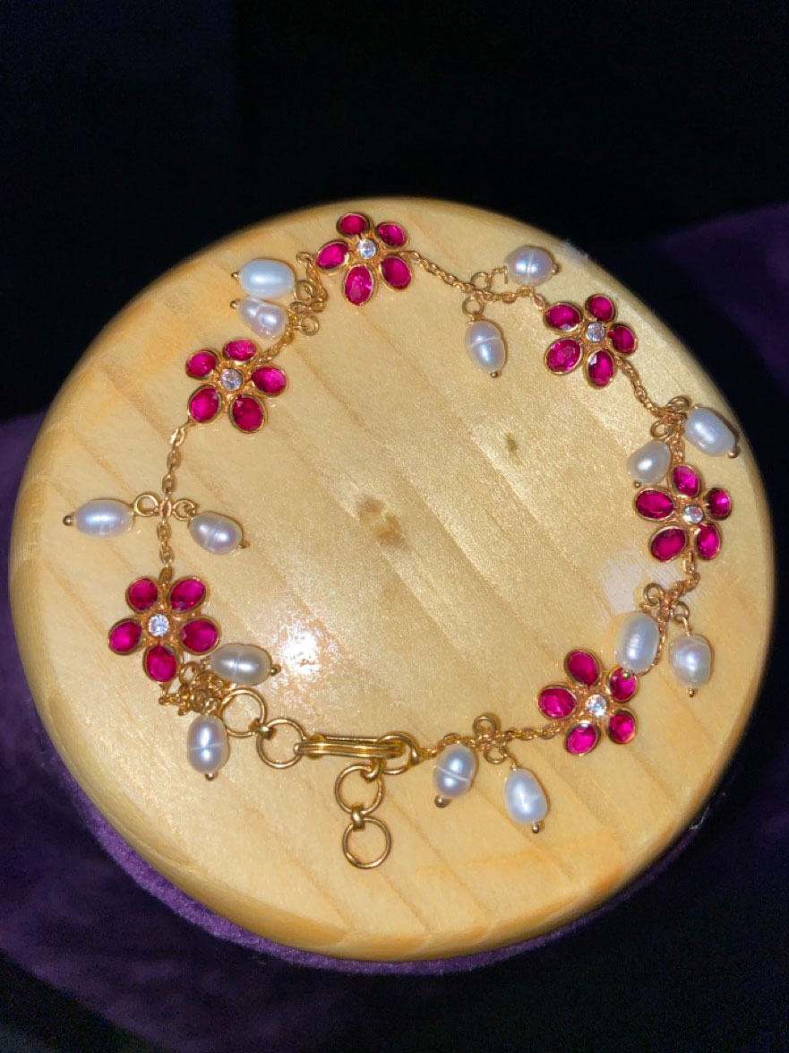 14kt pink semi precious stone with drops of pearls bracelet | Atharv Jewels