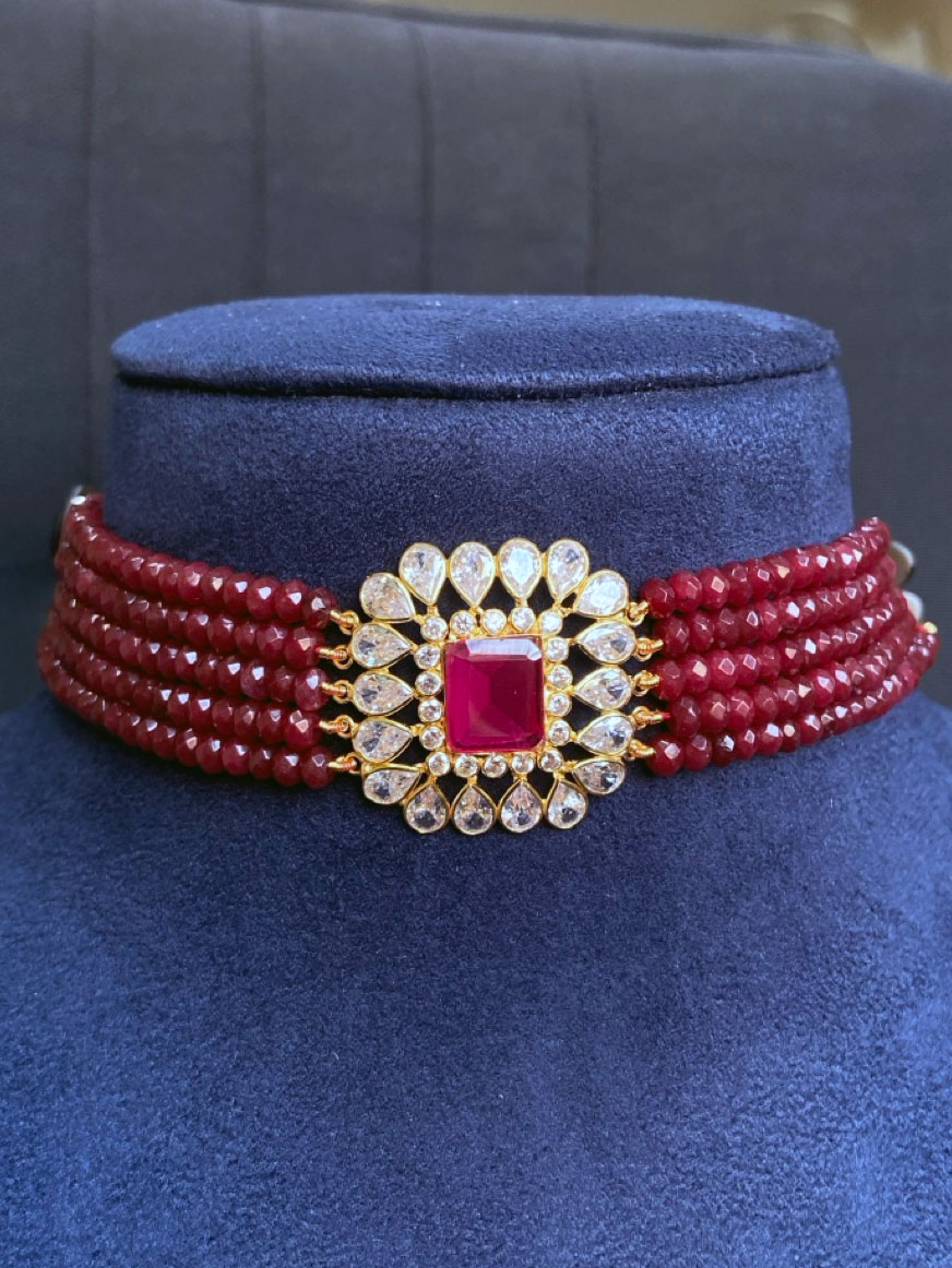 14kt red beads choker with polki | Atharv Jewels