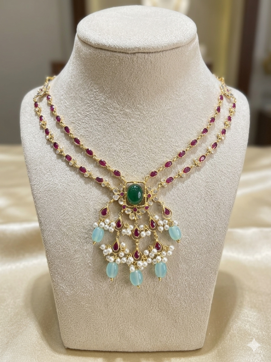Double line royal Polki & beads necklace