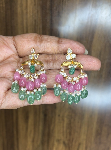 Big Light pink and Mint Green Chandbali Earrings