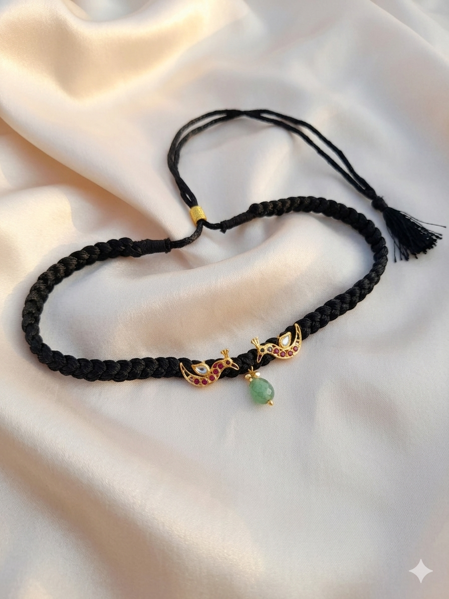 Peacock motif black braids thread choker