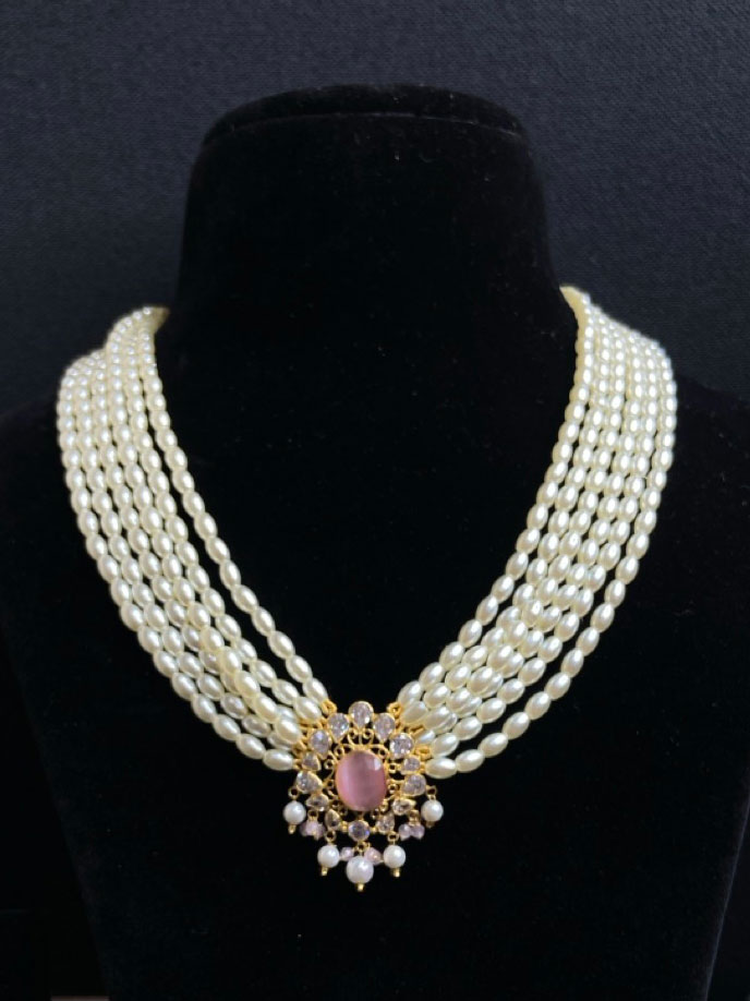 14kt necklace with crystal pink stone and pearls | Atharv Jewels